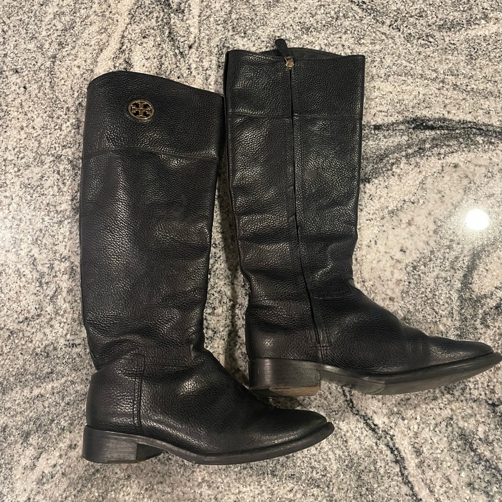 Black, leather, knee high Tory Burch boots in size 6